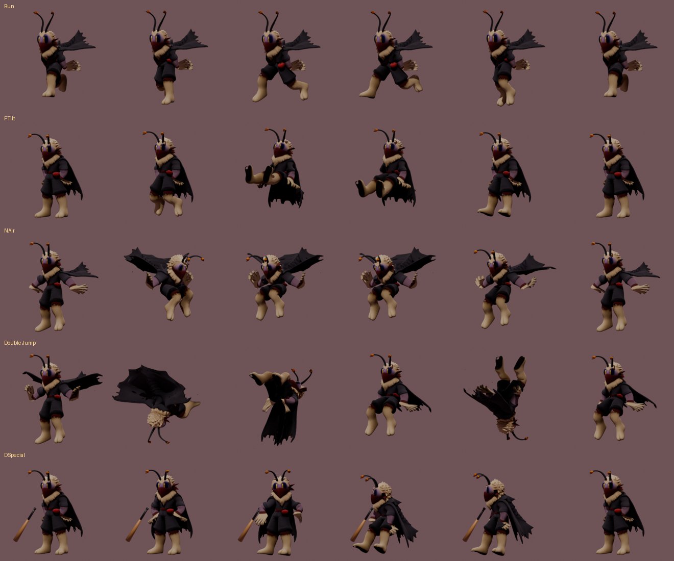 Key frames of Mollo's run, forward tilt, neutral air, double jump and bat special